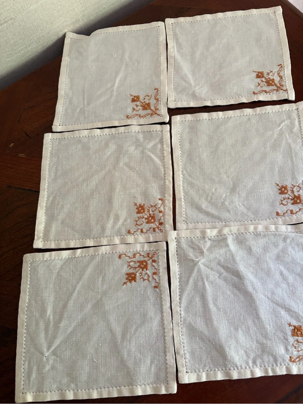 Set of 6 Off White Linen Cocktail Napkins Embroidered Corner